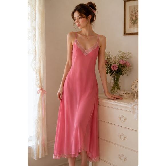PINK Dresses & Skirts - Sensara Pink Maxi Slip Dress Medium Lace Trim V Neck Spaghetti Strap Flowy Y2K